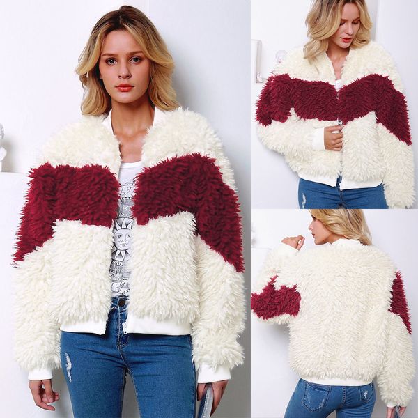 

winter fashion contrast faux fur sport casual baseball short long sleeve coat women fluffy stand collar warm outerwear jacket d2, Black