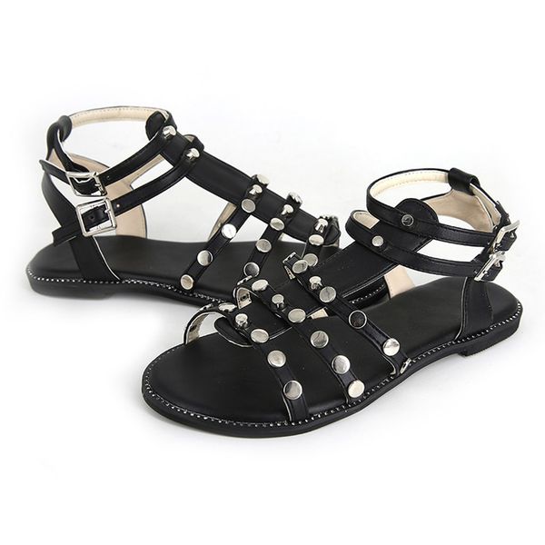 

muqgew ctystal classics womens sandal new arrival flat block buckle strap peep toe summer sandals bohemia rivet flat sandals, Black