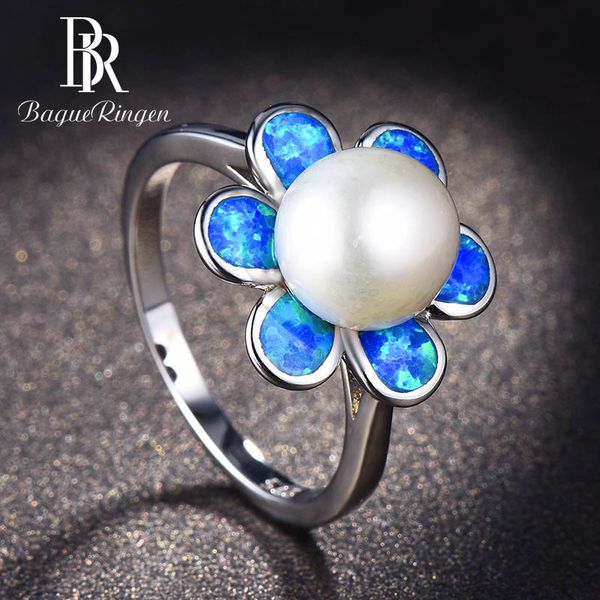 

bague ringen 925 sterling silver rings for women flower shape with 15mm opal pearl gemstone women jewerly size 6-10 wholesale y200321, Slivery;golden