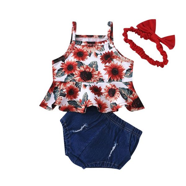

3шт лета малышей infant baby girl хлопок повседневный эпикировка набор цветочные bodysuit шорты оголовье cute baby clothes3, White