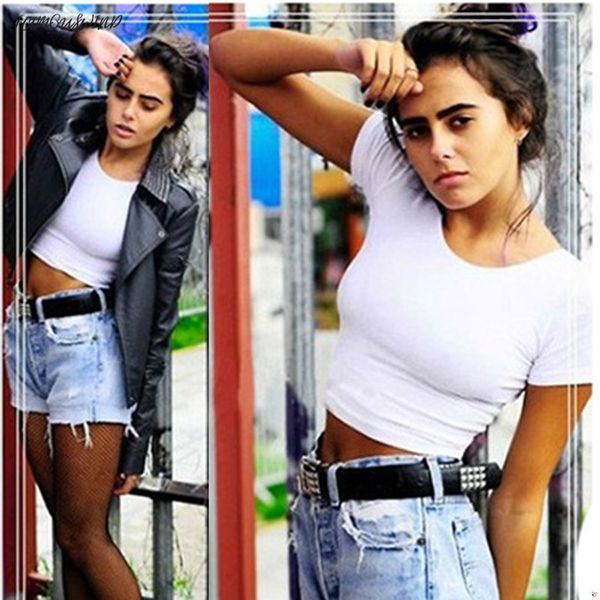 

short sleeves bamboo fiber cool 90s basic tees cropped new fashion slim fitting tank corset clubwear blusa, White