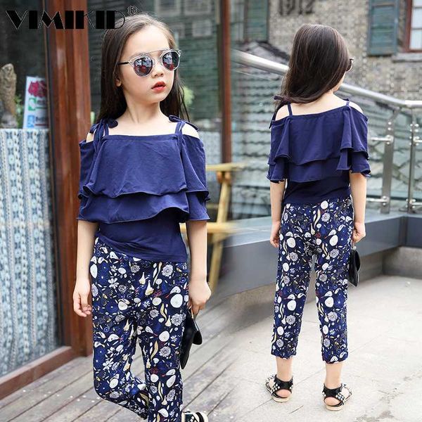 

children's clothing suit for the big girl floral suspenders pants 2-piece set rural clothes set 4-10years, White