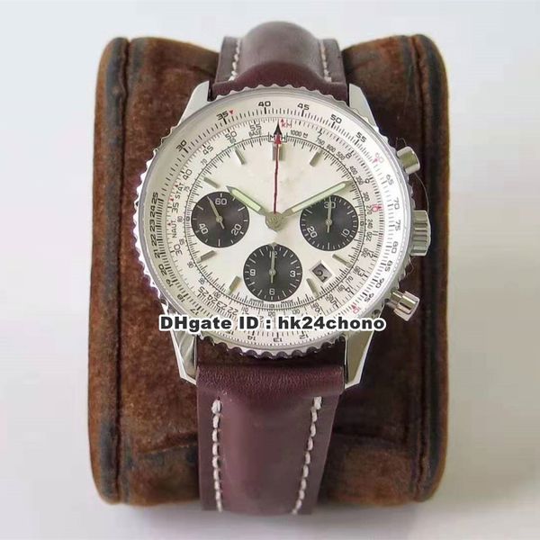 

3 style watches navitimer 01 chronograph eta7750 28800vph autoamtic mens watch ab012012 white dial leather strap gents wristwatches, Slivery;brown