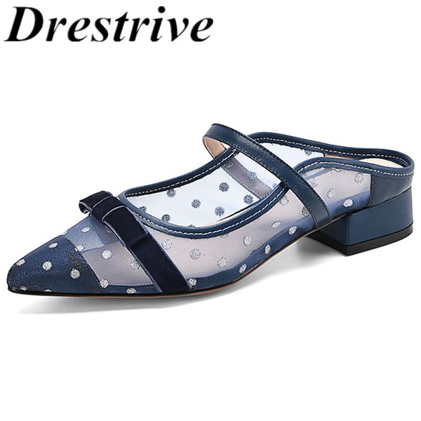 

drestrive women's sandals mesh pointed toe mary janes butterfly knot shallow mules 2020 summer female pumps sweet low heels, Black