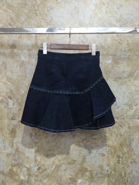 

summer 2019 new lotus leaf edge stitching jeans a-shaped short half-length skirt 523, Black