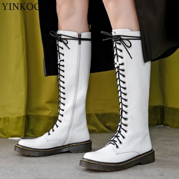 

yinkoget genuine leather fashion women boots mid-calf comfortable long boots autumn winter casual girl, Black
