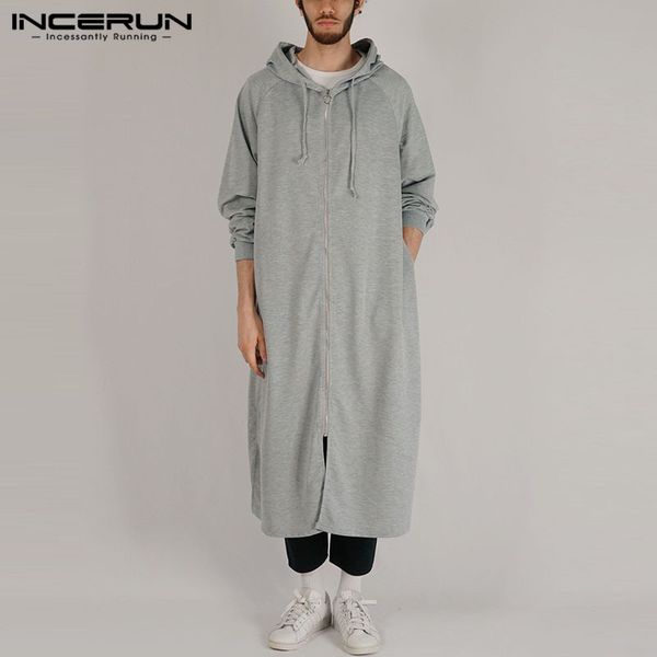 

incerun fashion men sweatshirts hooded zippers hip-hop long sleeve casual streetwear solid cloak men long hoodies outerwear 2019, Black