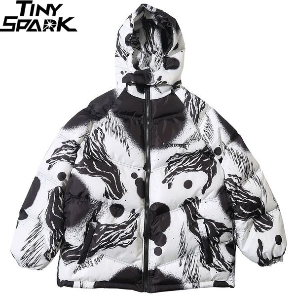 

2019 hip hop jacket parka ink graffiti print men winter hooded windbreaker streetwear harajuku padded jacket coat warm outwear, Black