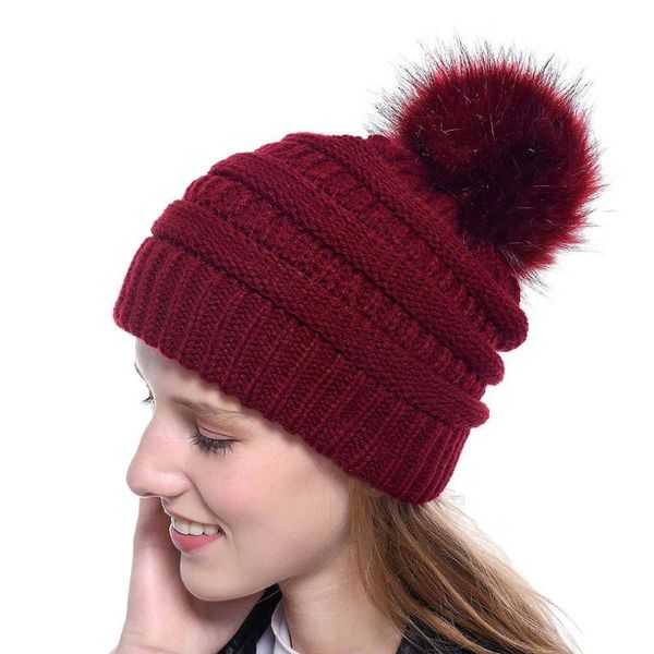 

осень и зима искусственного меха fur ball cap solid color knit ski hat теплый симпатичные поддельный помпонное bean hat, Blue;gray