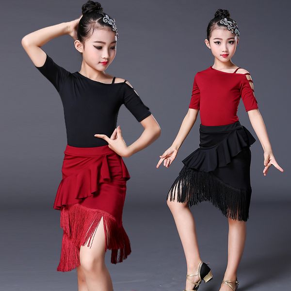 

children latin dance costume summer short sleeve kid girl's dance performance clothes set tassels stage show clothing, Black;red