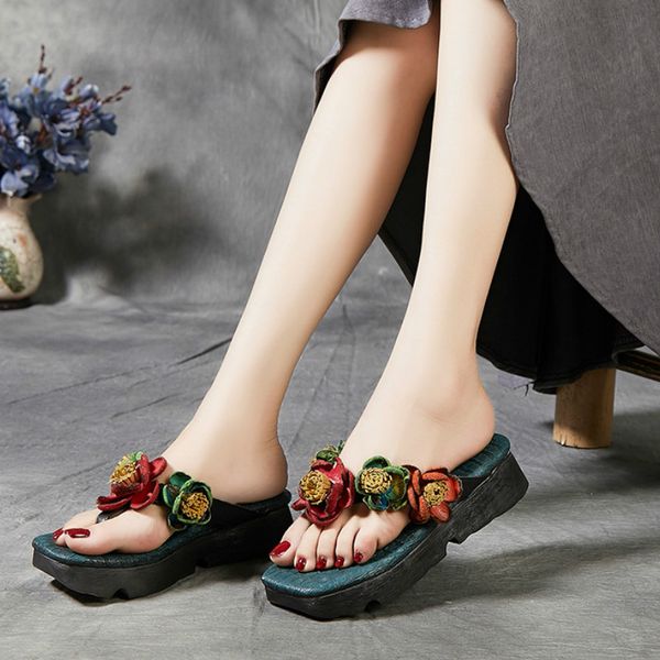 

women leather slippers brand flip flops beach slippers women handmade genuine leather low heels wedge shoes flower 2019, Black
