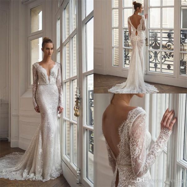 

2020 lace mermaid wedding dresses vestidos de novia backless long sleeve sequined beach wedding gowns custom made bridal dress, White