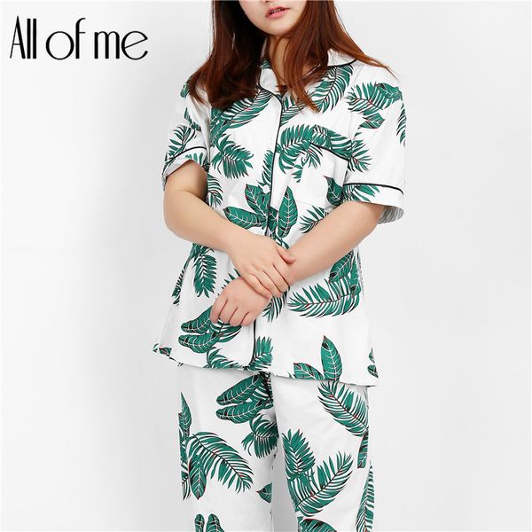 

leaf print pajama set green short sleeve long pants pajama sets for women spring casual sleepwear set, Blue;gray