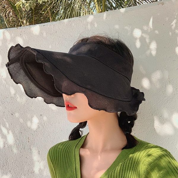 

summer woman sun hat female solid color cap korea wild fashion ride folding sun hats empty hats beach wide brim visor hat, Blue;gray