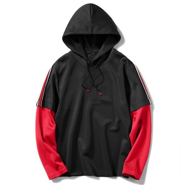 

fake two piece mens designer hoodie fashion contrast color long sleeve drawstring loose hoodies casual teenagers hoodie, Black