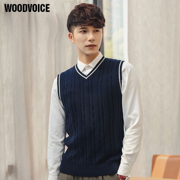 

woodvoice mens brand mens' pullover sweater vest v-neck new sweater 100% cotton knitted slim fit class vest pullovers sweaters, White;black