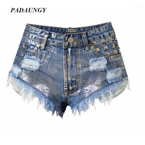 

women's jeans wholesale- padaungy silver women denim shorts punk wide leg pants ripped rivet trousers slim high waist pantalones mujer1, Blue