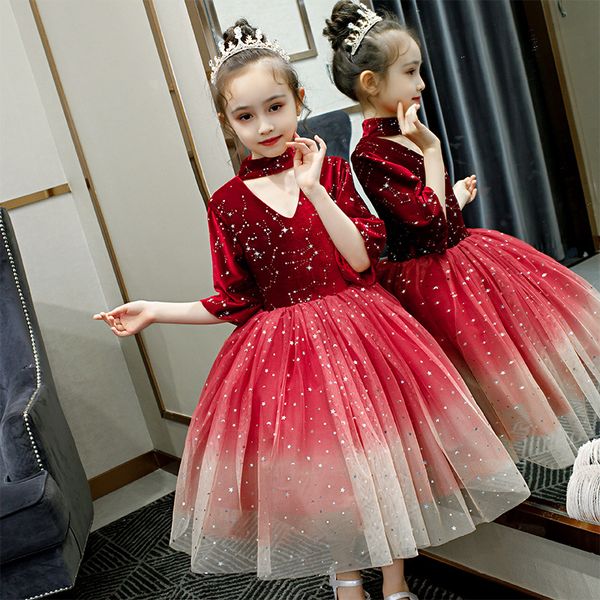 

tick tok new girl's dress birthday party noble air red pompous yarn princess dress host show evening summer, Red;yellow