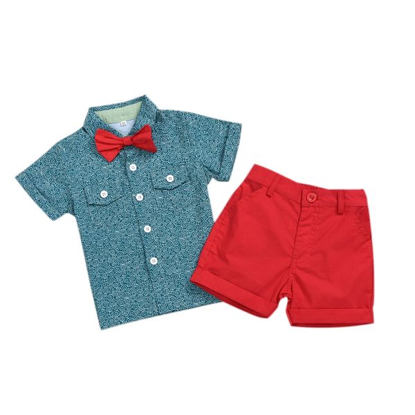 

toddler boys clothes suit printed bow button shirt shorts pants set casual children summer outfits, White