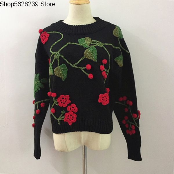

hand crochet flower duo embroidery pullover sweater female short money round neck loose backing thick needle wool knitting, White;black