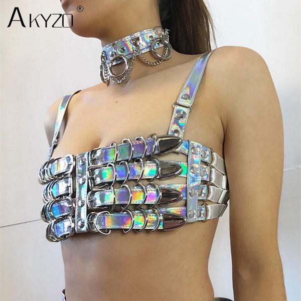 

akyzo laser leather bondage collar choker necklace with adjustable large size metal chain patchwork punk chokers necklace, Silver