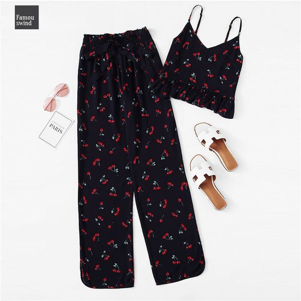 

cherry sleepwear print ruffle cami pants pj set women multicolor spaghetti strap knot summer sleeveless casual nightwear, Black;red