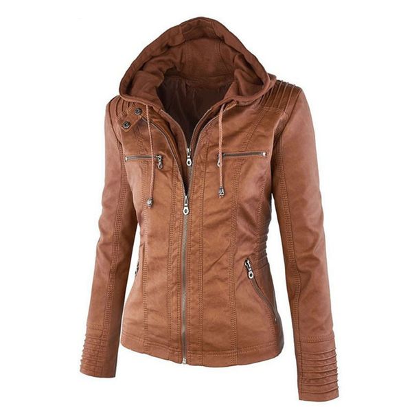 

women motorcycle coat waterproof drawstring hooded long sleeve zipper pocket pu leather coat, Black