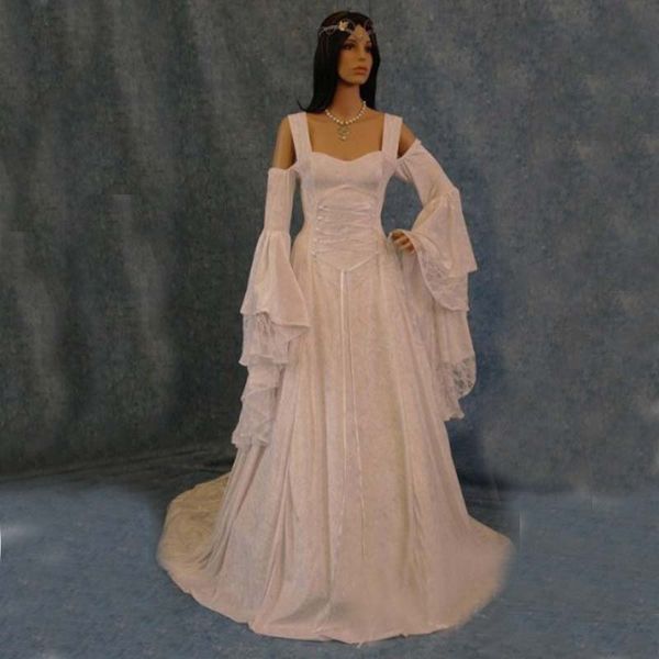 2019 Abiti da sposa celtici in pizzo vintage Abiti da sposa gotici con corsetto a maniche lunghe in linea su misura