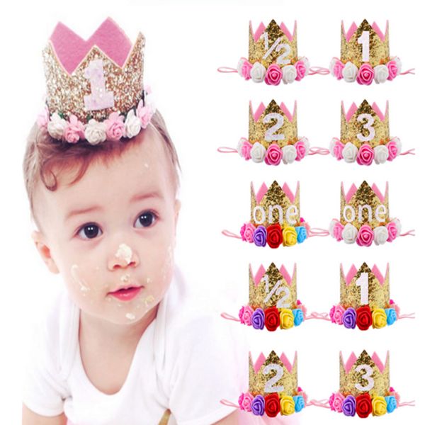 

baby girl first birthday hat gold pink priness crown number 1st 2 3 year old party hat decorations baby hair accessory