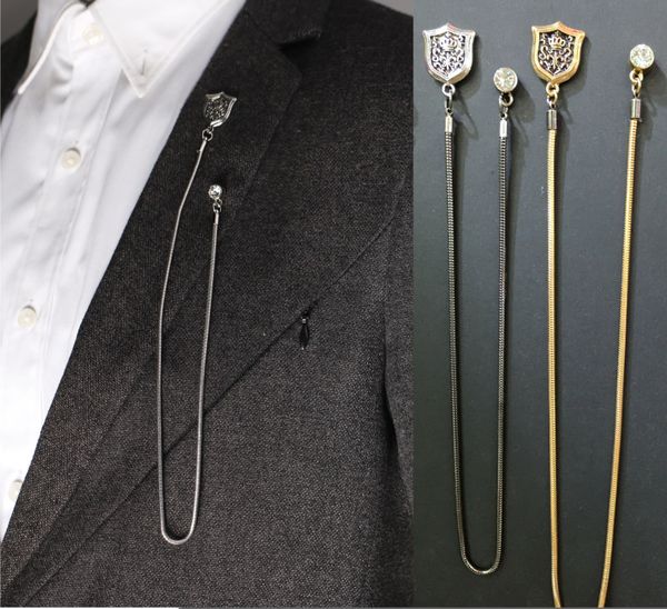 

british style long chain brooches for men's suits silver and golden colors metal shield badge party wear man brooches pins 2020 new fas, Gray