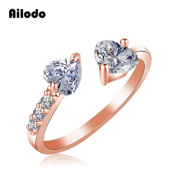 

ailodo double crystal heart rings for women adjustable unique simple bijoux love party wedding female rings jewelry gift ld080, Golden;silver