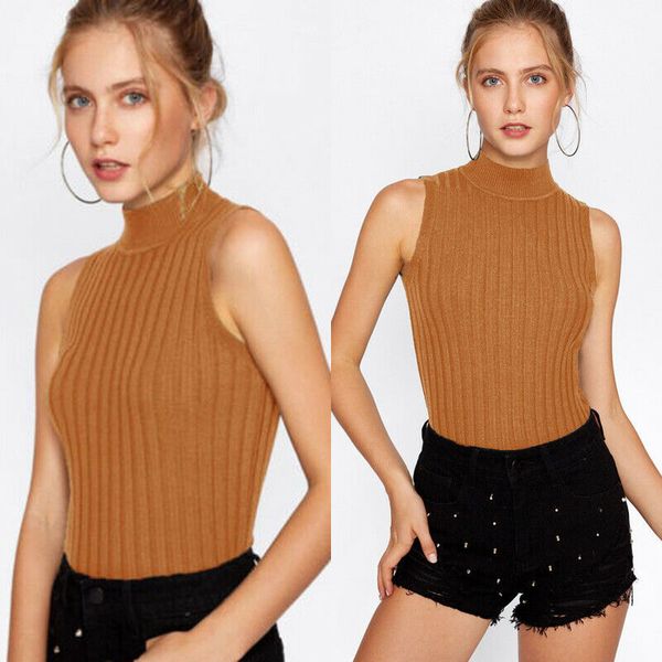 

2019 women ladies solid knitted tanks summer slim turtleneck tank camis vest fashion elegant woman fitness tees, White