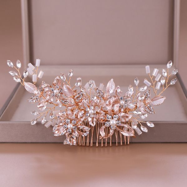 

new arrival bridal women hair combs rose gold color pearl flower wedding head decoration rhinestone hair jewelry accessories, Golden;white