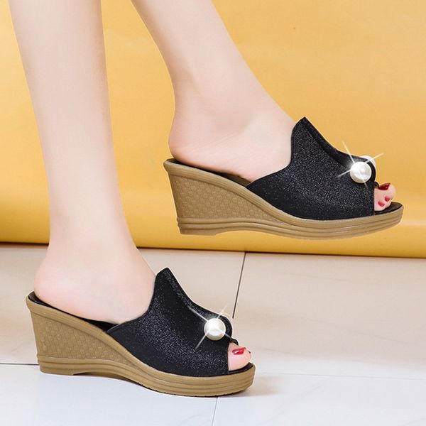 

2020 summer women slippers open toe wedges slipper bead women high heels beach shoes ladies slides platform slides sandals 8021n, Black