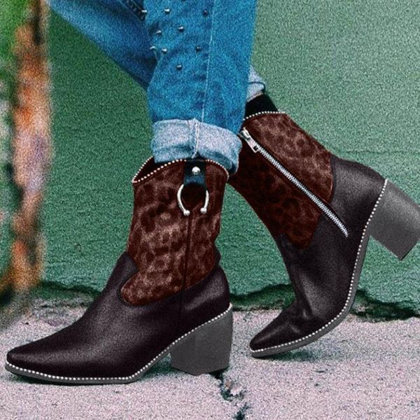 

women leopard print slip-on leather round toe low-heeled shoe cowboy knight boot, Black