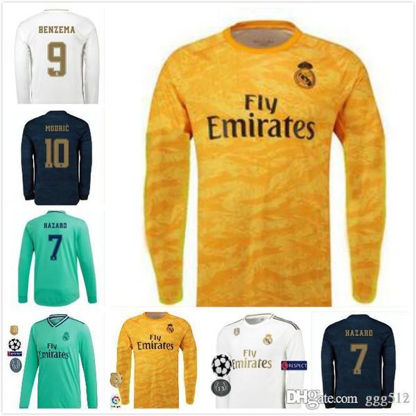 

19 20 real madrid long sleeve soccer jerseys home #7 hazard 2019 2020 camiseta de futbol benzema third jovic football shirts thailand, Black;yellow