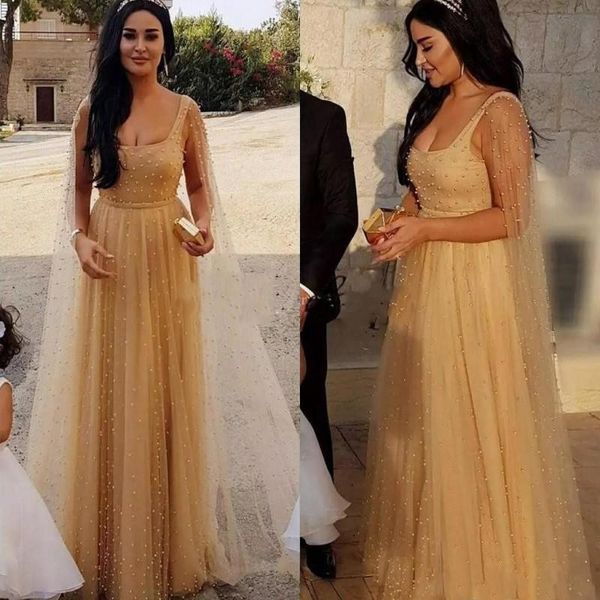 

Champagne African Prom Dresses with Wrap/jacket Stunning Pearls Beads Elegant Evening Gowns for Women Tulle Celebrity Party Dress