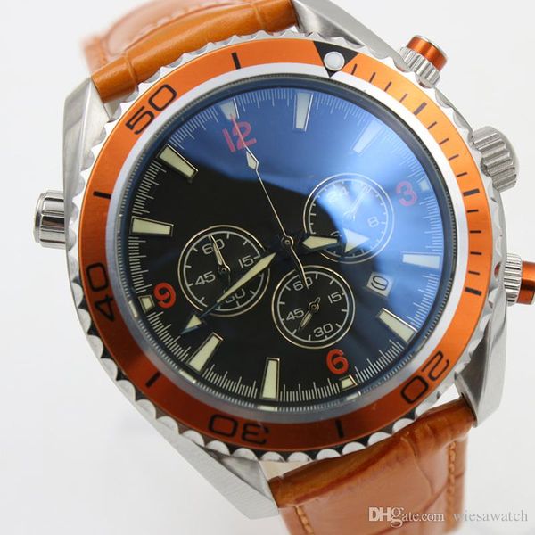 

selling leading wristwatches quartz chronometer men watch black dial 44mm outdoor mens watches with orange leather strap, Slivery;brown