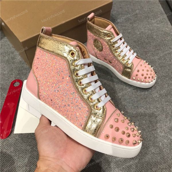 

r men women party genuine leather glittery bottom studded spikes flats shoes fashion luxury trainers casual shoes zapatos, Black