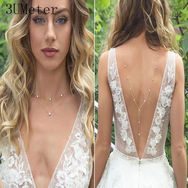 

3umeter fashion wedding back chain rhinestone necklace bikini body chain gold gift for girlfriend, Golden;silver