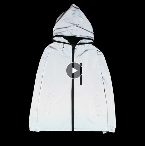 

plus size full reflective jacket men harajuku windbreaker jackets hooded hip-hop streetwear night shiny zipper coats jacket, Black;brown