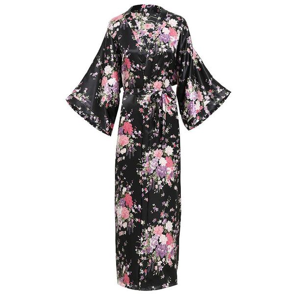 

women's sleepwear elegant women long kimon robe exquisite print flower bathrobe gown intimate lingerie casual satin soft wedding pajama, Black;red