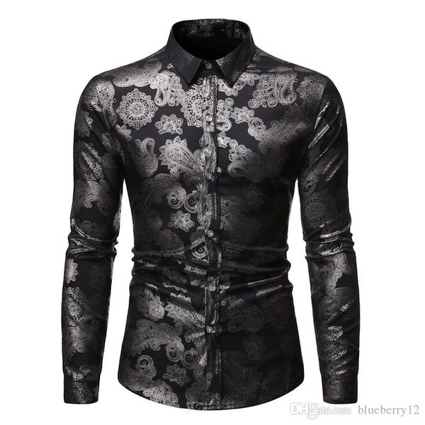 

mens shirt gold shirt men floral print slim long sleeve mens dress shirts black social business men shirt asian size, White;black