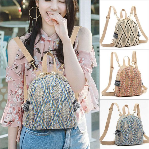 

women straw woven travel backpacks for teenager elegant girls schoolbags rucksack tote tassels back pack mochila feminina