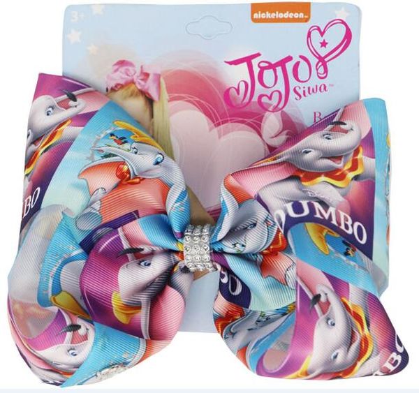 

cartoon elephant print ribbon 8inch hair bow jumbo rhinestone bowknot hair clip kids handmade accessories for girl 12pcs, Slivery;white