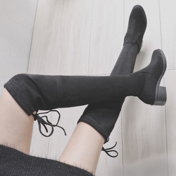 

women boots over knee brand women's shoes booties ladies boots-women round toe platform lace up over-the-knee fashion, Black