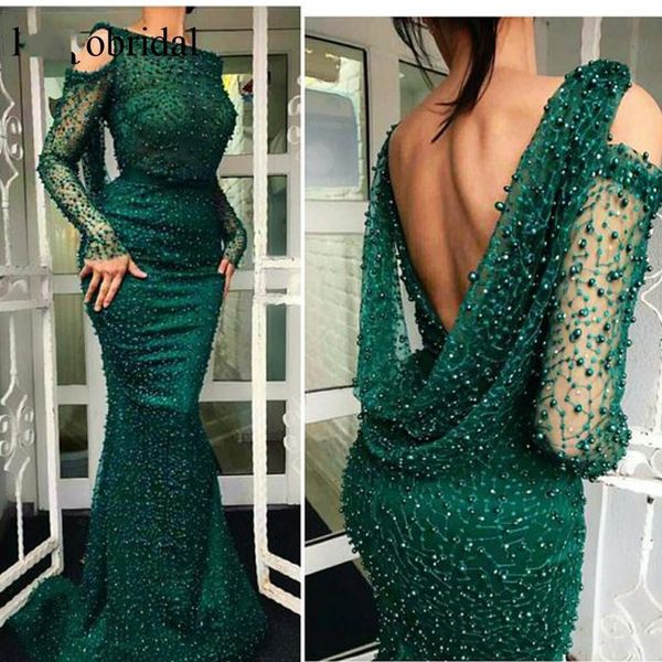 

dark green prom dresses 2019 bateau neckline pearls mermaid long sleeve pearls evening dresses beaded plus size arabic pageant gowns