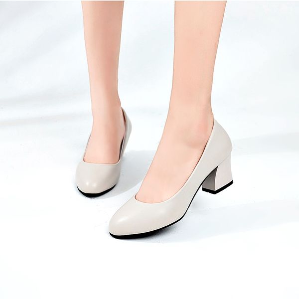 

women's med square heels pumps spring autumn all match solid leather office ladies working shoes woman casual sandalias, Black