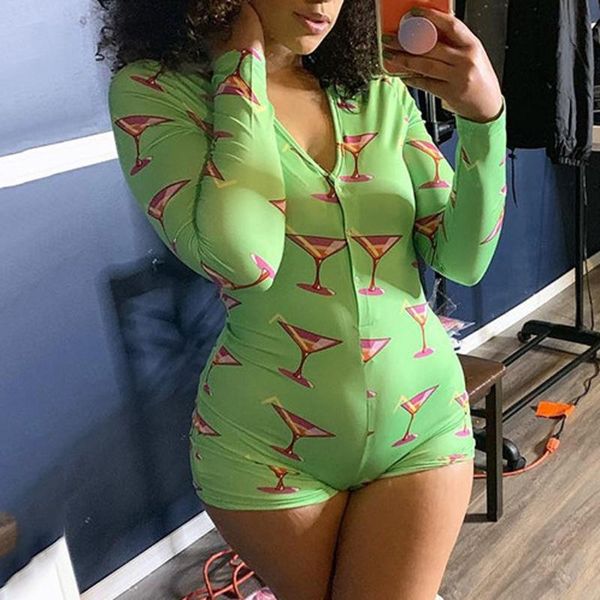

summer bodysuit women fashion deep v neck floral print long sleeve jumpsuit sleepwear bodysuit green jump suit, Black;white
