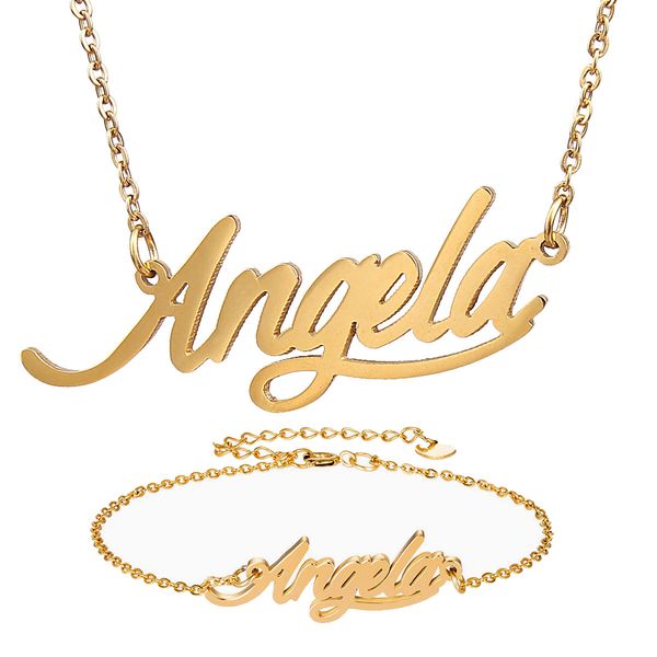 

fashion jewelry stainless steel name necklace + bracelet set " angela " script letter gold choker chain necklace pendant nameplate, Silver